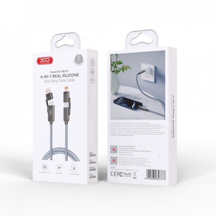 Imagine Cablu 4 in 1 USB-A + Type C la Type C + Lightning 60W 1m Negru, XO NB275