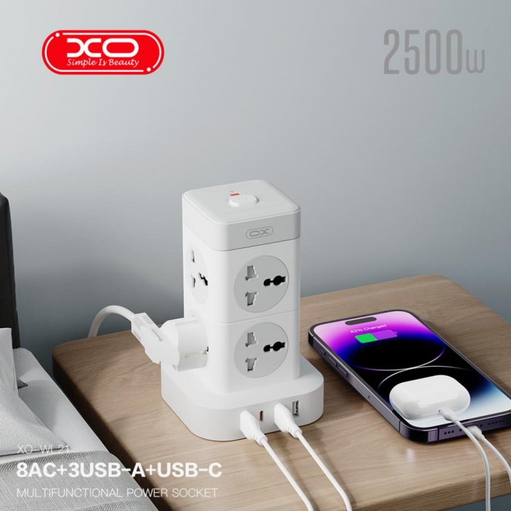 Imagine Priza cub cu 8 x Schuko + 3 x USB-A + USB-C (PD) 2m Alb, XO WL21