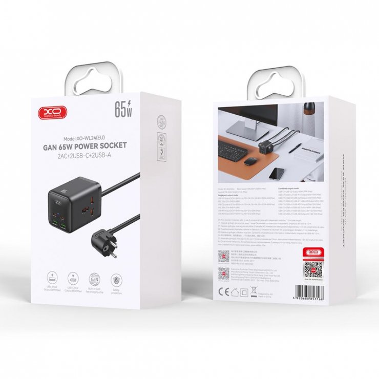 Imagine Incarcator priza 2 x Schuko + 2 x USB-A + 2 x USB-C 65W GaN Nitride 1.5m Negru, XO WL24