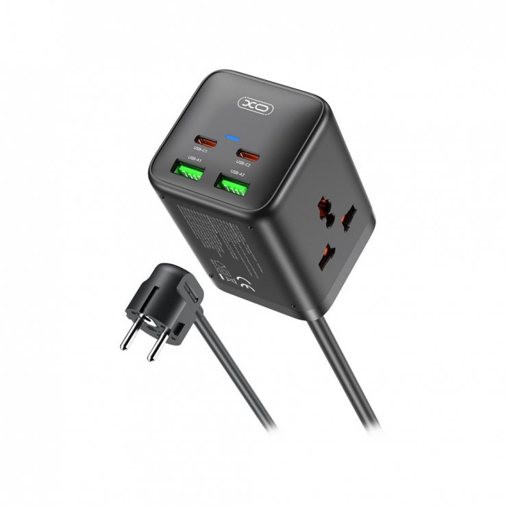 Imagine Incarcator priza 2 x Schuko + 2 x USB-A + 2 x USB-C 65W GaN Nitride 1.5m Negru, XO WL24