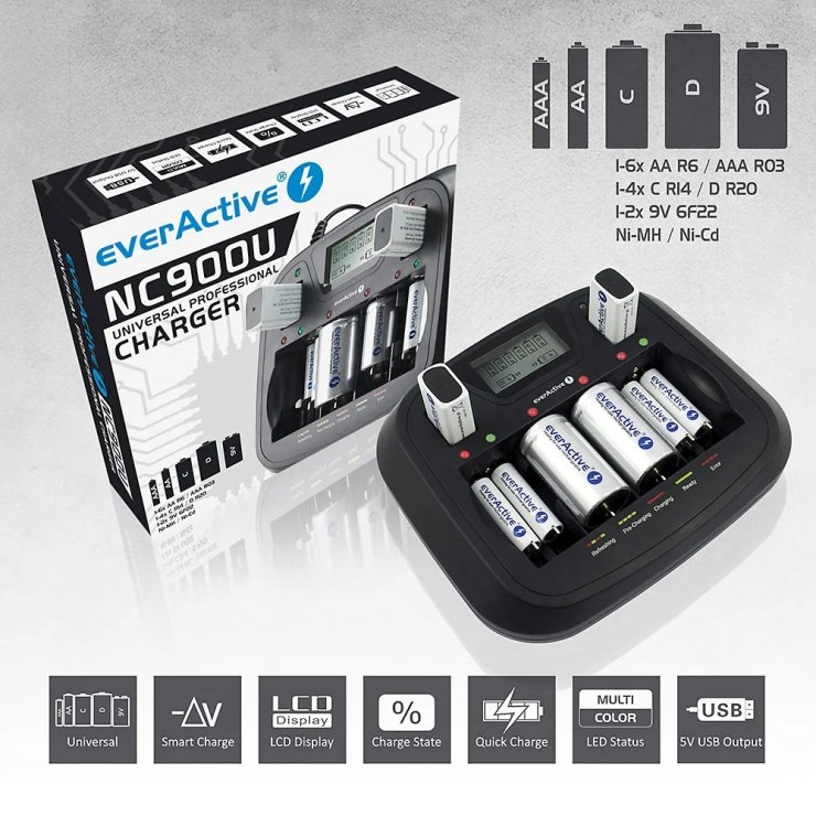 Imagine Incarcator universal pentru 6 acumulatori AA/AAA/C/D/9V, NC900U