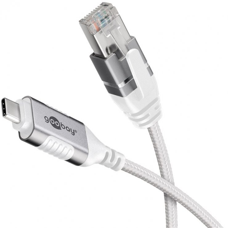 Imagine Cablu de retea USB type C la RJ45 Gigabit Cat.6 Slim 1m brodat Alb, Goobay G74385