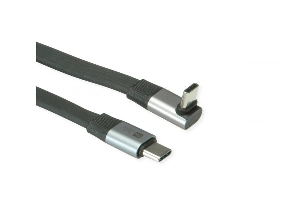 Imagine Cablu flat USB4 type C drept/unghi 8K UHD-2/80Gb/240W 0.8m Negru, Roline 11.02.9097