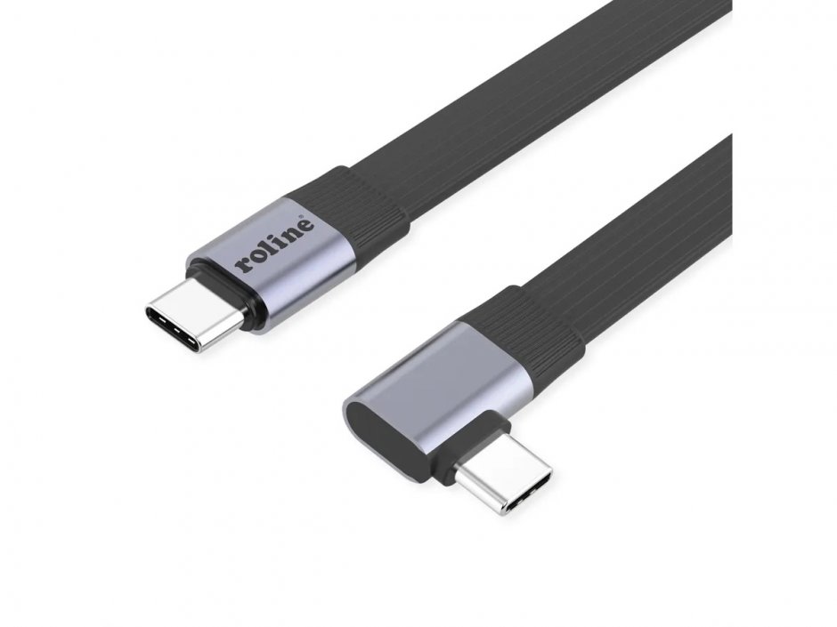 Imagine Cablu flat USB4 type C drept/unghi 8K UHD-2/80Gb/240W 0.13m Negru, Roline 11.02.9099