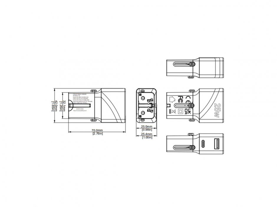 Imagine Incarcator priza EU/UK/US cu USB-A + USB-C 20W Alb, Value 19.99.1113