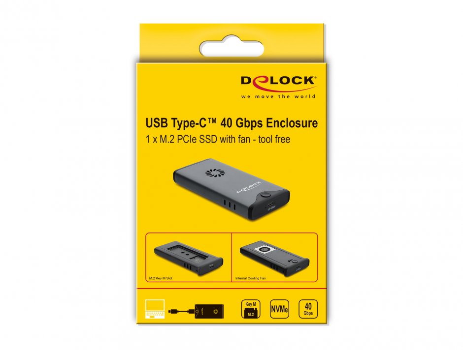 Imagine Rack extern USB Type C 40 Gbps pentru M.2 NVMe PCIe SSD cu fan - tool free, Delock 42034