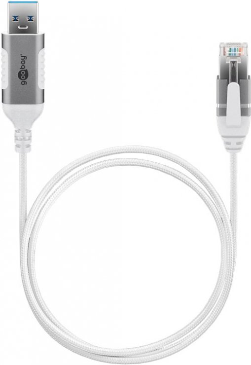 Imagine Cablu de retea USB-A la RJ45 Gigabit Cat.6 Slim 1m brodat Alb, Goobay G74377