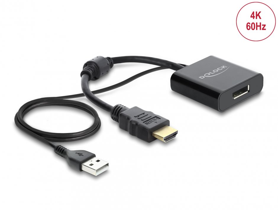 Imagine Adaptor HDMI la DisplayPort 4K60Hz T-M cu alimentare USB, Delock 63005