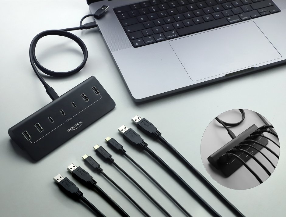 Imagine HUB USB 10 Gbps cu 3 x USB Type C + 4 x USB-A Negru, Delock 64283