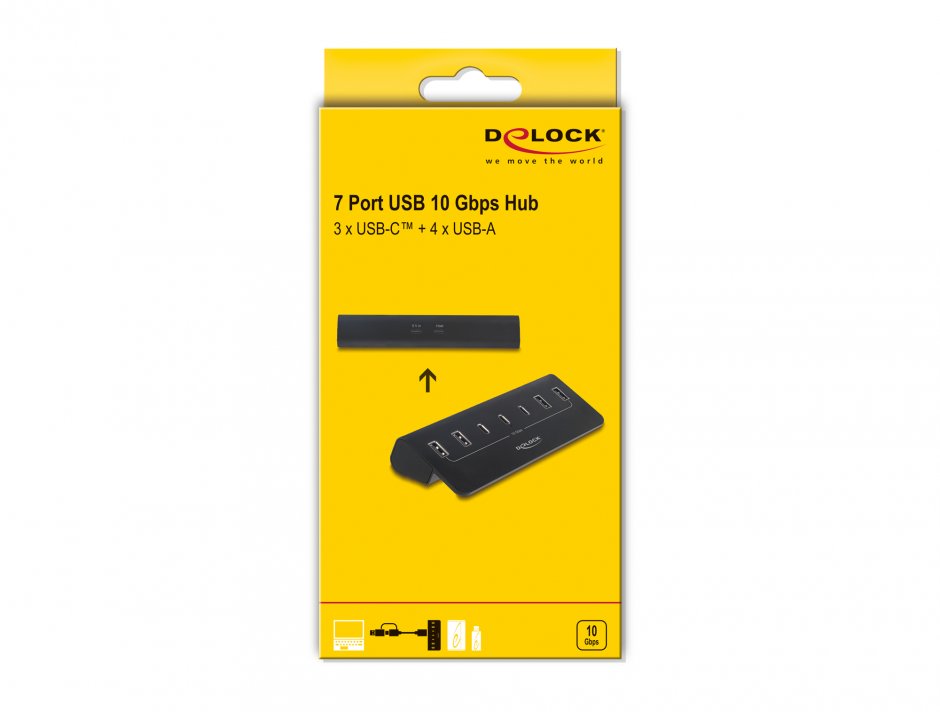 Imagine HUB USB 10 Gbps cu 3 x USB Type C + 4 x USB-A Negru, Delock 64283
