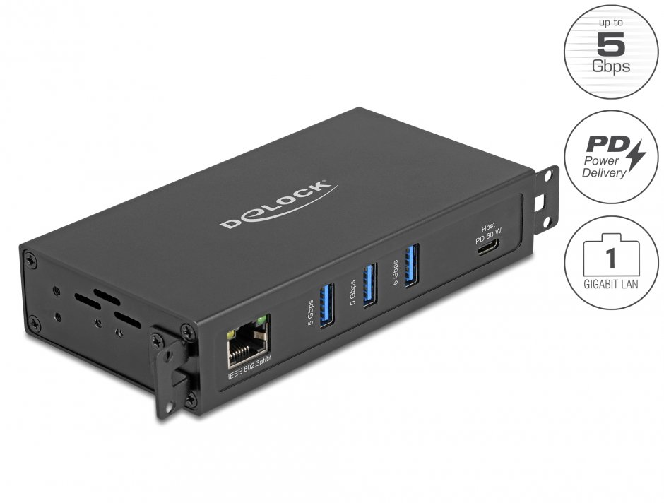 Imagine HUB carcasa metalica 3 x USB 5 Gbps + RJ45 Gigabit LAN PoE++ si 1.5 kV Isolation, Delock 64336