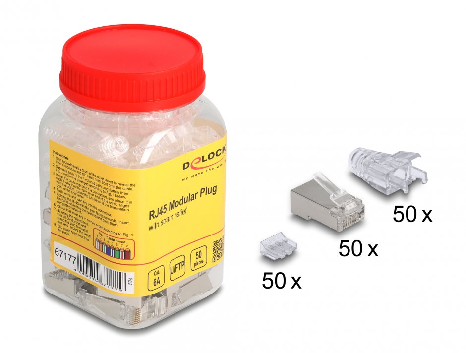 Imagine Set 50 buc conector RJ45 Cat.6A cu manson protectie transparent, Delock 67177