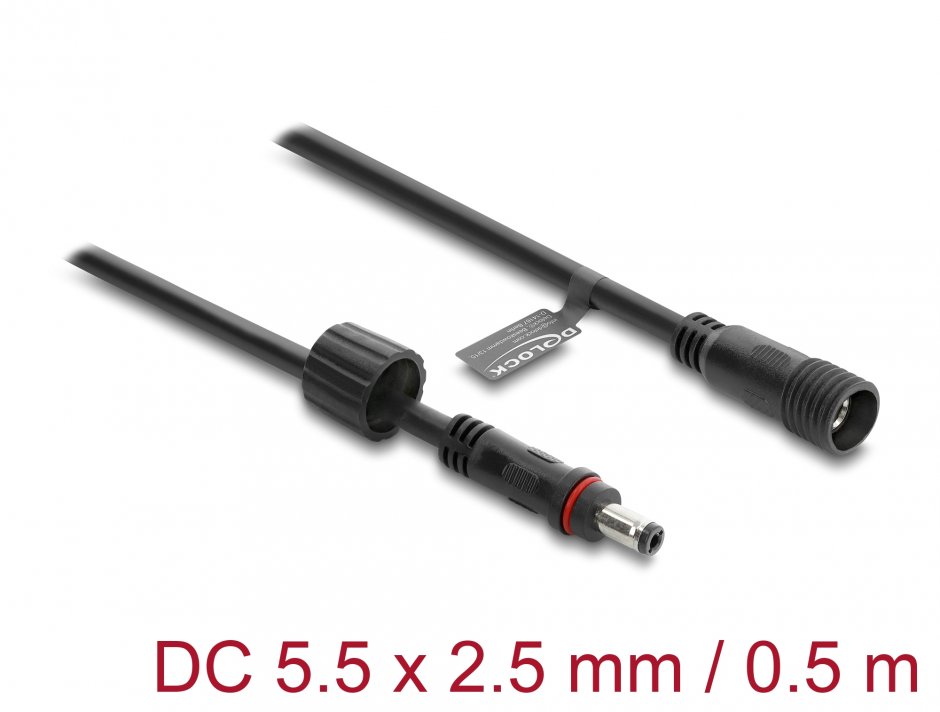 Imagine Cablu prelungitor alimentare 5.5 x 2.5mm T-M waterproof 0.5m Negru, Delock 67385
