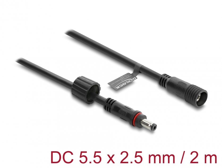Imagine Cablu prelungitor alimentare 5.5 x 2.5mm T-M waterproof 2m Negru, Delock 67387