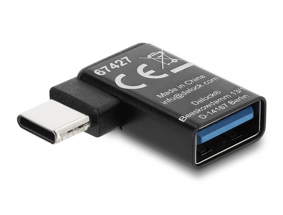 Imagine Adaptor USB-C 10 Gbps la USB-A unghi 90 grade T-M, Delock 67427