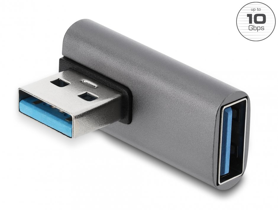 Imagine Adaptor USB-A 10 Gbps 60W unghi 90 grade T-M Aluminiu, Delock 67429