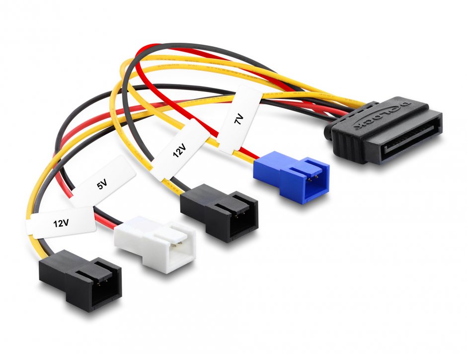 Imagine Cablu alimentare SATA 15 pini la 4 x 2 pini fan (12V/7V/5V) 20cm, Delock 80656