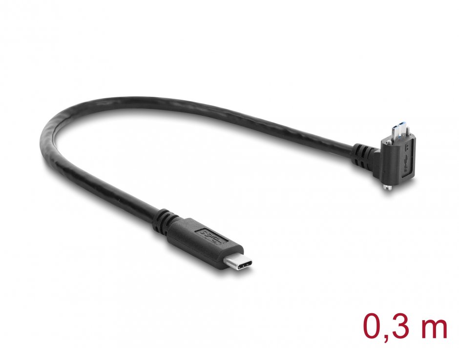 Imagine Cablu micro USB-B 3.0 cu suruburi la USB type C unghi/drept 0.3m Negru, Delock 80660