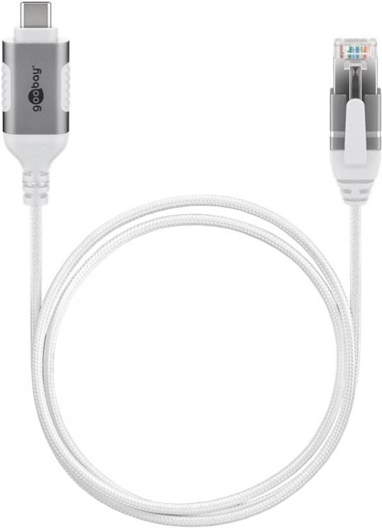 Imagine Cablu de retea USB type C la RJ45 Gigabit Cat.6 Slim 1m brodat Alb, Goobay G74385
