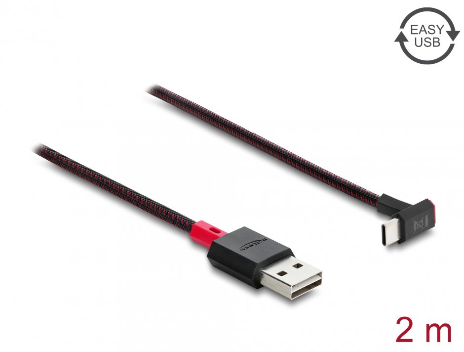 Imagine Cablu EASY-USB 2.0-A la USB Type C drept/unghi sus/jos T-T 2m Negru, Delock 81551