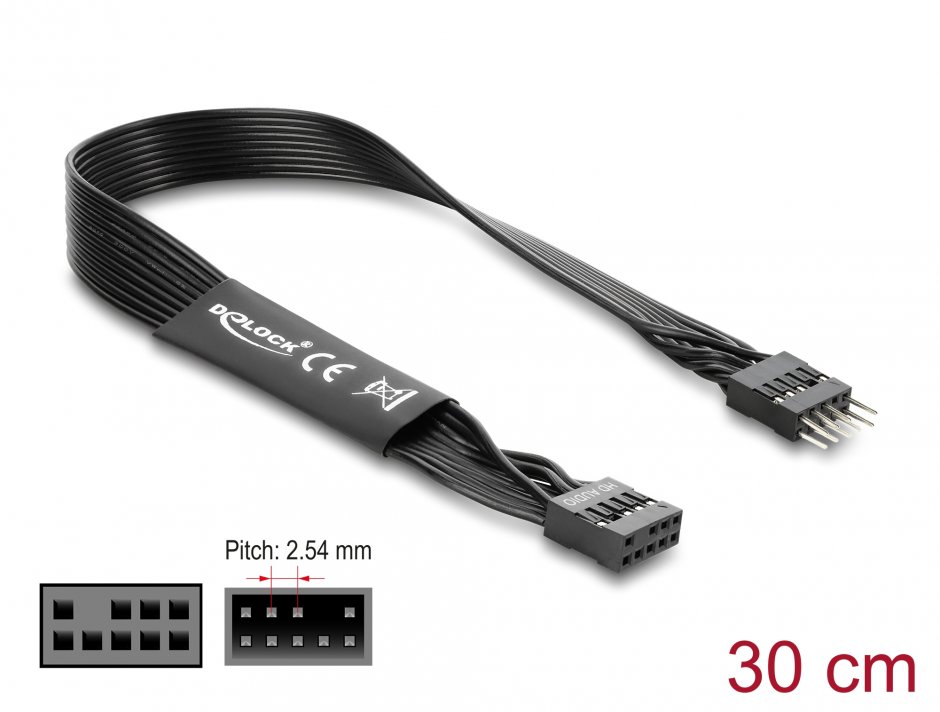 Imagine Cablu prelungitor HD Audio Flat placa baza pin header 9 pini M-T 0.3m Negru, Delock 86052