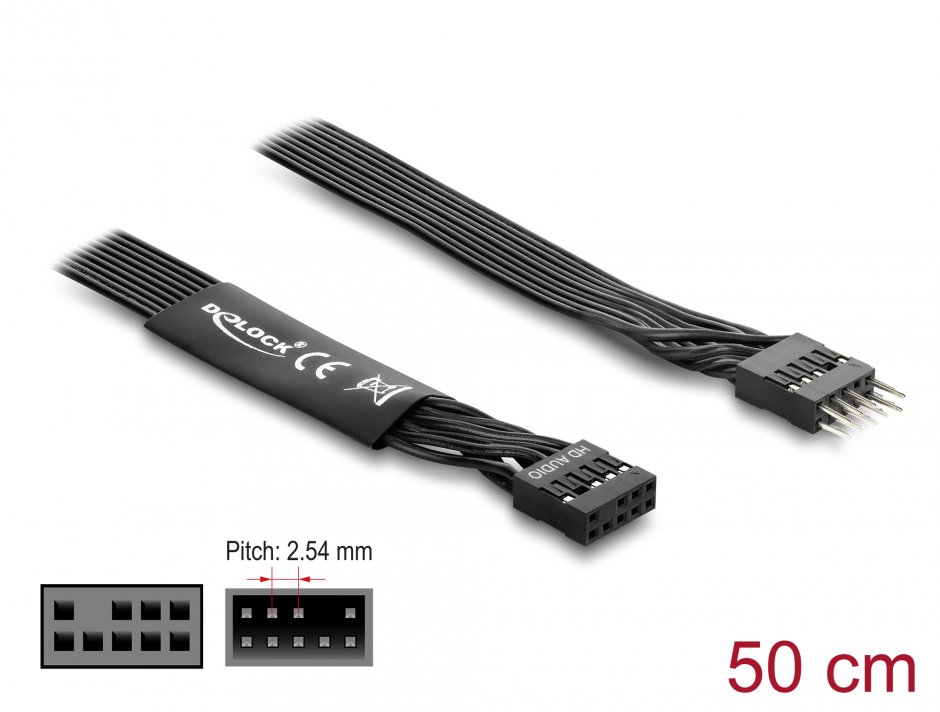 Imagine Cablu prelungitor HD Audio Flat placa baza pin header 9 pini M-T 0.5m Negru, Delock 86055