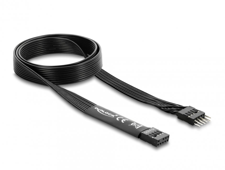 Imagine Cablu prelungitor HD Audio Flat placa baza pin header 9 pini M-T 0.7m Negru, Delock 86058
