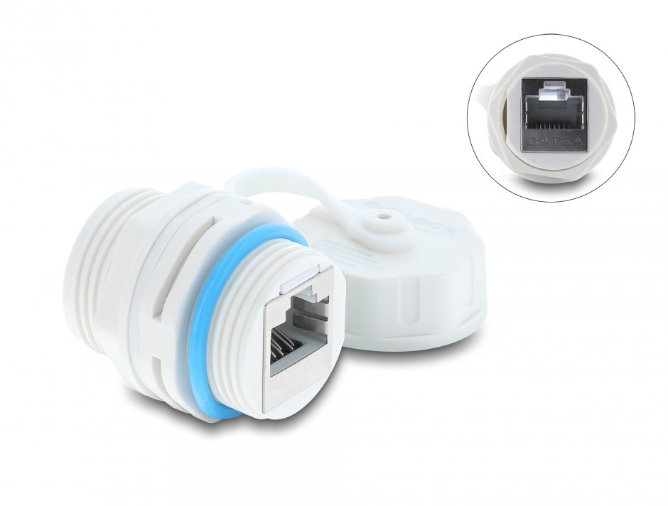 Imagine Cupla de retea RJ45 STP Cat.6A cu capac protectie waterproof Alb, Delock 87156
