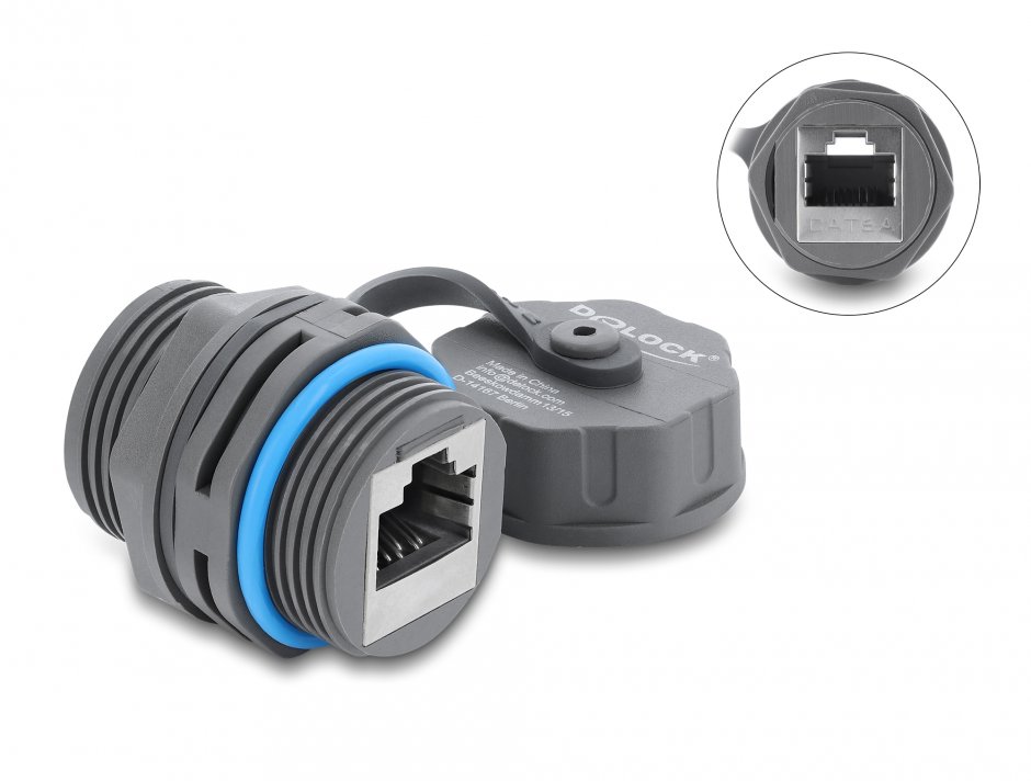 Imagine Cupla de retea RJ45 STP Cat.6A cu capac protectie waterproof Gri, Delock 87157