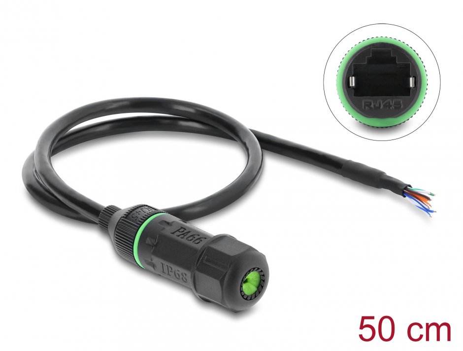 Imagine Cupla de retea RJ45 Cat.6 waterproof la fire deschise 0.5m, Delock 87181