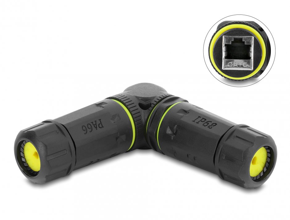 Imagine Cupla RJ45 Cat.6 ecranata waterproof IP68 unghi 90 grade M-M, Delock 87261