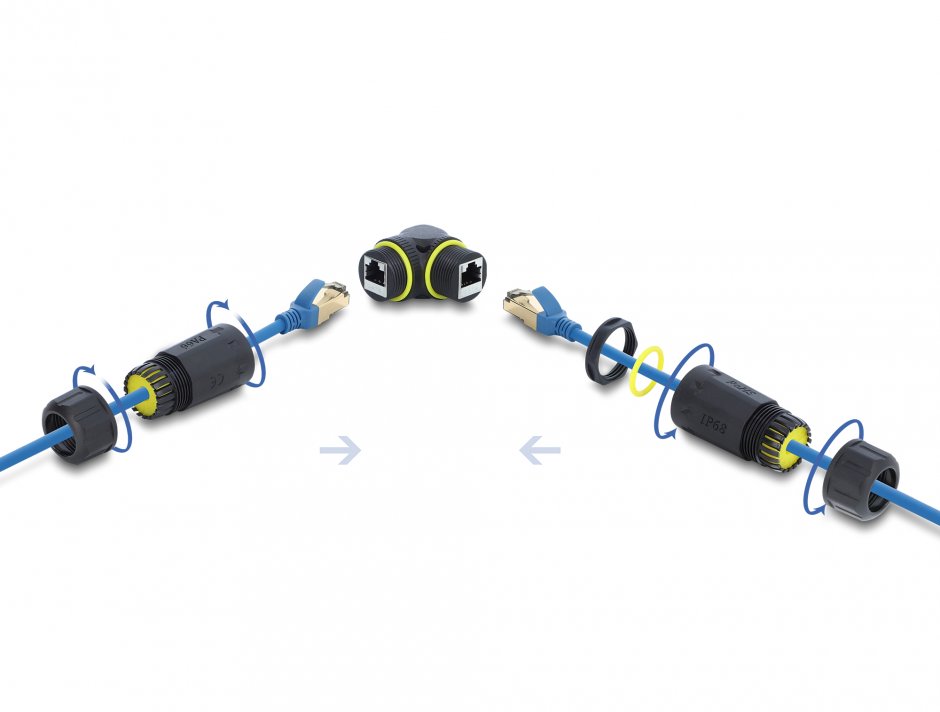Imagine Cupla RJ45 Cat.6 ecranata waterproof IP68 unghi 90 grade M-M, Delock 87261