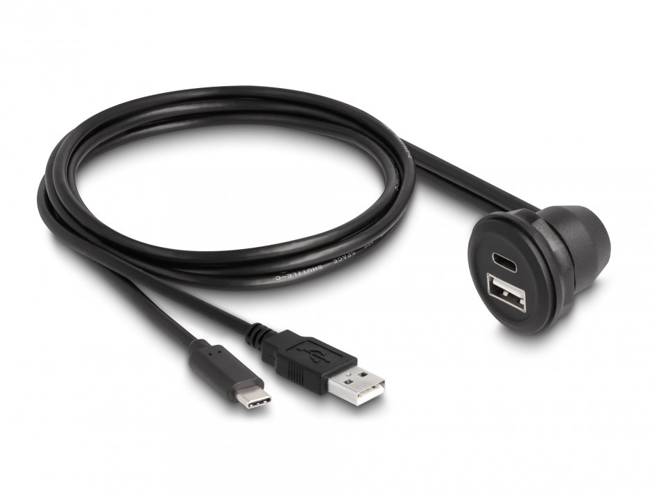 Imagine Cablu prelungitor USB type C + USB-A T-M 1m Negru montare masa/carcasa/auto, Delock 88103