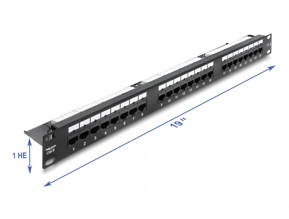 Imagine Patch panel 24 porturi Cat.6 19" 1U cu LED Negru, Delock 91087