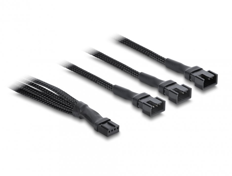 Imagine Splitter 1 x 4 pini ventilator PWM la 2 x 4 pini (3 pini conectati) M-T brodat 30cm Negru, Delock 91341