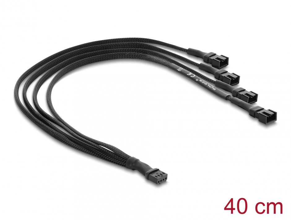 Imagine Splitter 1 x 4 pini ventilator PWM la 3 x 4 pini (3 pini conectati) M-T brodat 40cm Negru, Delock 91342