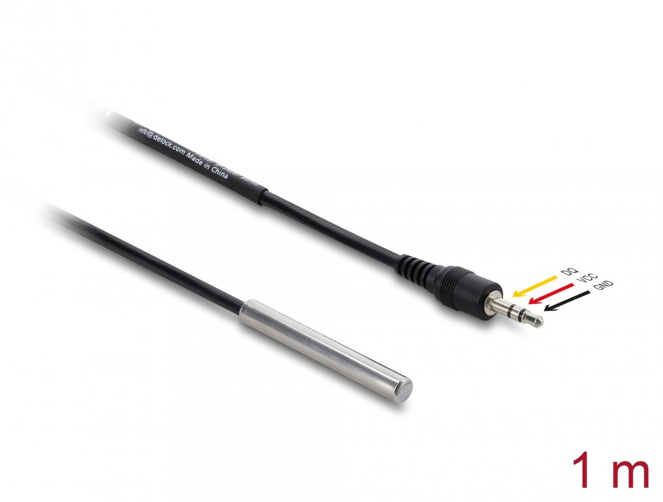 Imagine Senzor temperatura la 3.5 mm 3 pini stereo jack DS18B20 1m, Delock 91387