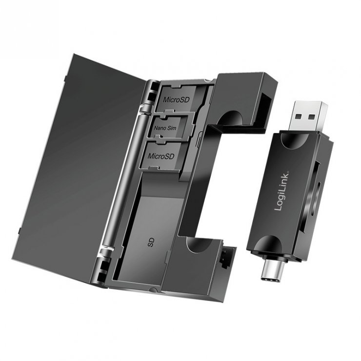 Imagine Cititor carduri USB-A/USB-C la micro SD/SD cu spatiu depozitare carduri, Logilink CR0049