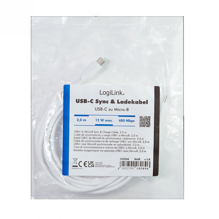 Imagine Cablu micro USB 2.0 la USB type C T-T 3m Alb, Logilink CU0245