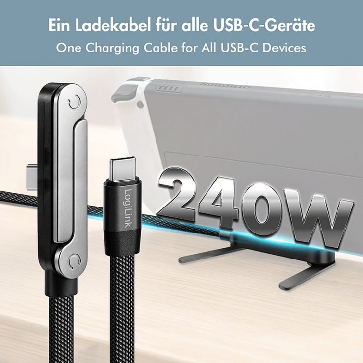 Imagine Cablu USB 2.0 type C la USB type C 240W cu stand T-T 1.5m brodat Negru, Logilink CU0450