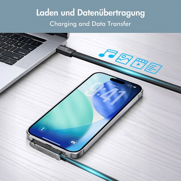 Imagine Cablu USB 2.0 type C la USB type C 240W cu stand T-T 1.5m brodat Negru, Logilink CU0450