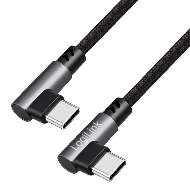 Imagine Cablu USB 2.0 type C T-T unghi/unghi 90 grade 100W 2m brodat Negru, Logilink CU0462