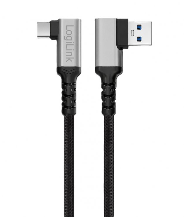 Imagine Cablu USB-A 3.0 la USB type C T-T unghi/unghi 90 grade 60W 2m brodat Negru, Logilink CU0473
