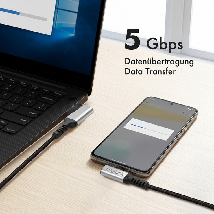 Imagine Cablu USB-A 3.0 la USB type C T-T unghi/unghi 90 grade 60W 1.5m brodat Negru, Logilink CU0472