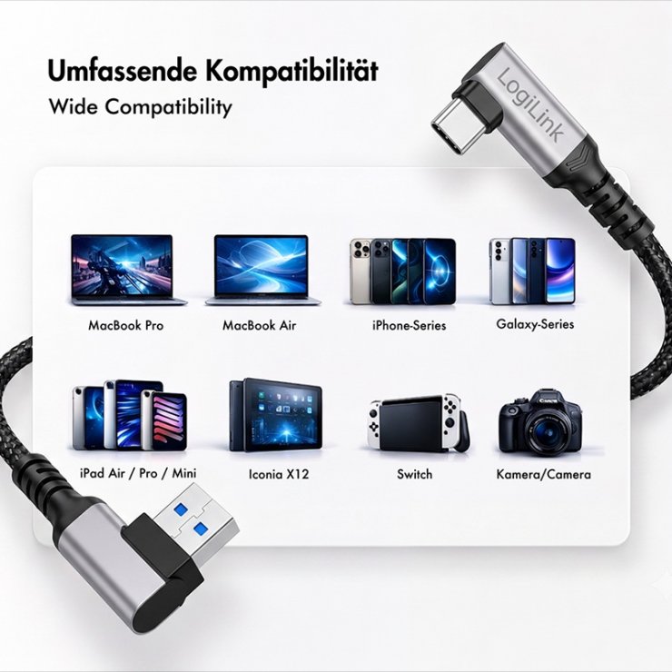 Imagine Cablu USB-A 3.0 la USB type C T-T unghi/unghi 90 grade 60W 2m brodat Negru, Logilink CU0473