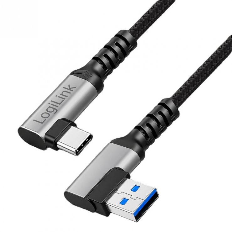 Imagine Cablu USB-A 3.0 la USB type C T-T unghi/unghi 90 grade 60W 2m brodat Negru, Logilink CU0473