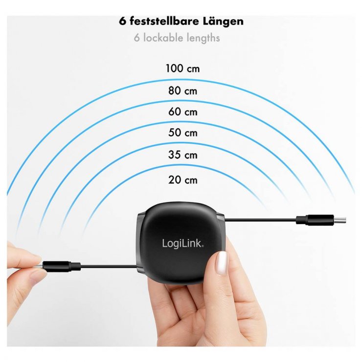 Imagine Cablu USB 2.0 type C T-T 1m retractabil Negru, Logilink CU0500