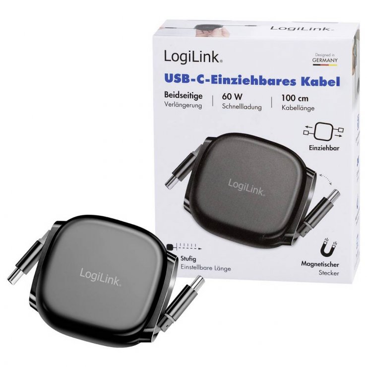 Imagine Cablu USB 2.0 type C T-T 1m retractabil Negru, Logilink CU0500