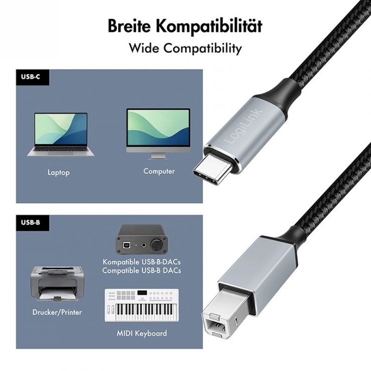 Imagine Cablu USB 2.0 type C la USB-B T-T 3m Negru, Logilink CU0516