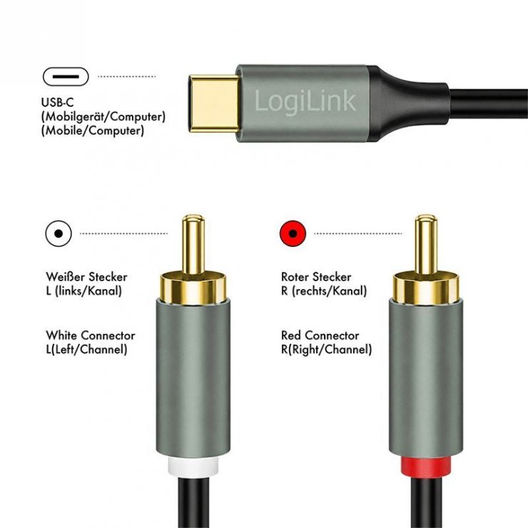 Imagine Cablu audio USB type C la 2 x RCA 2m Negru, Logilink CUA0142